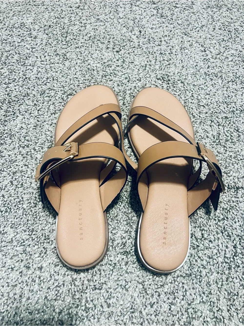 Women’s Sanctuary Light Tan Slip-On Sandals with Buckle - Picture 2 of 5